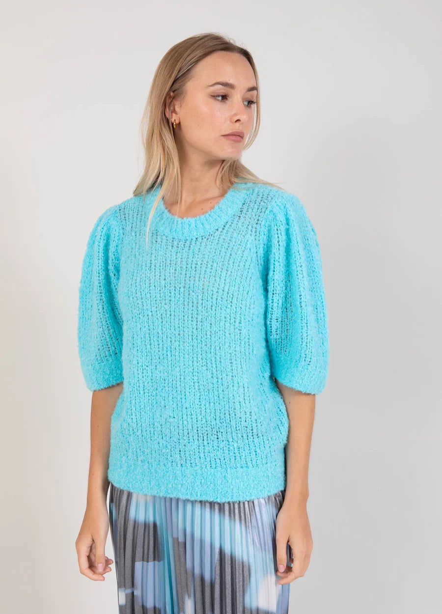 Coster Copenhagen Knit with Puff Sleeves in Boucle Aqua Blue