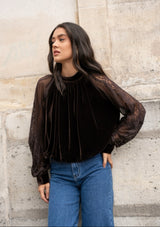 FROCKS Velvet Sheer Sleeve Dress Top Choc