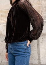 FROCKS Velvet Sheer Sleeve Dress Top Choc