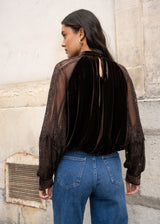 FROCKS Velvet Sheer Sleeve Dress Top Choc