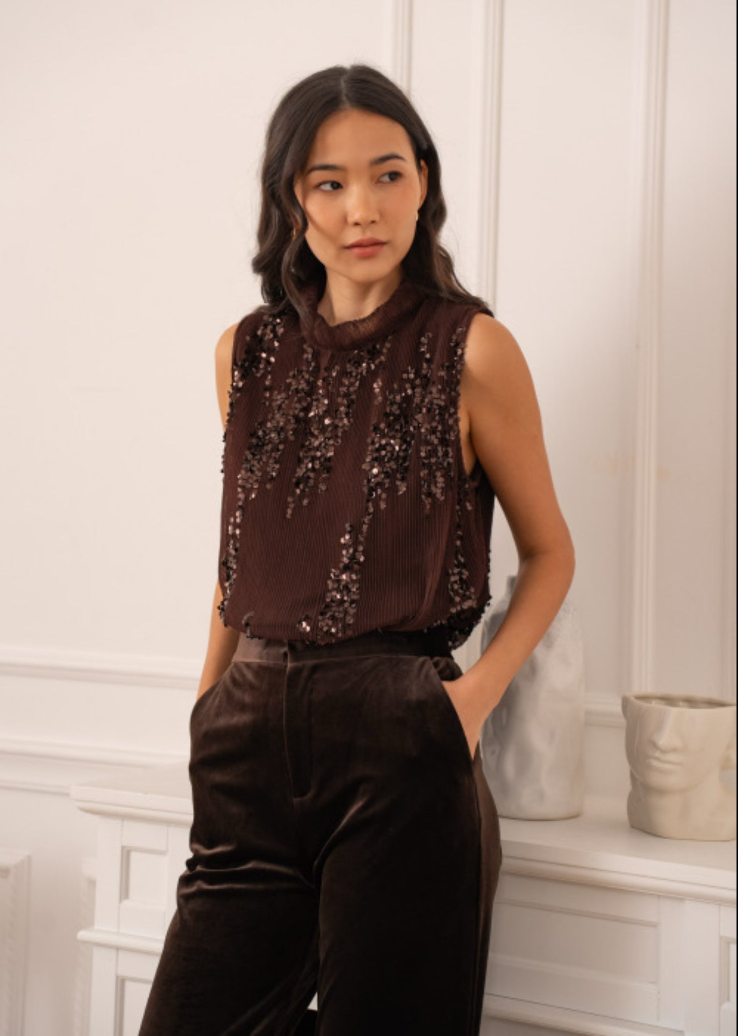 FROCKS Sleeveless Sequin Top Choc