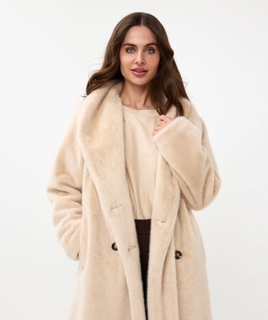 Esqualo Shawl Collar Faux Fur Coat Sand