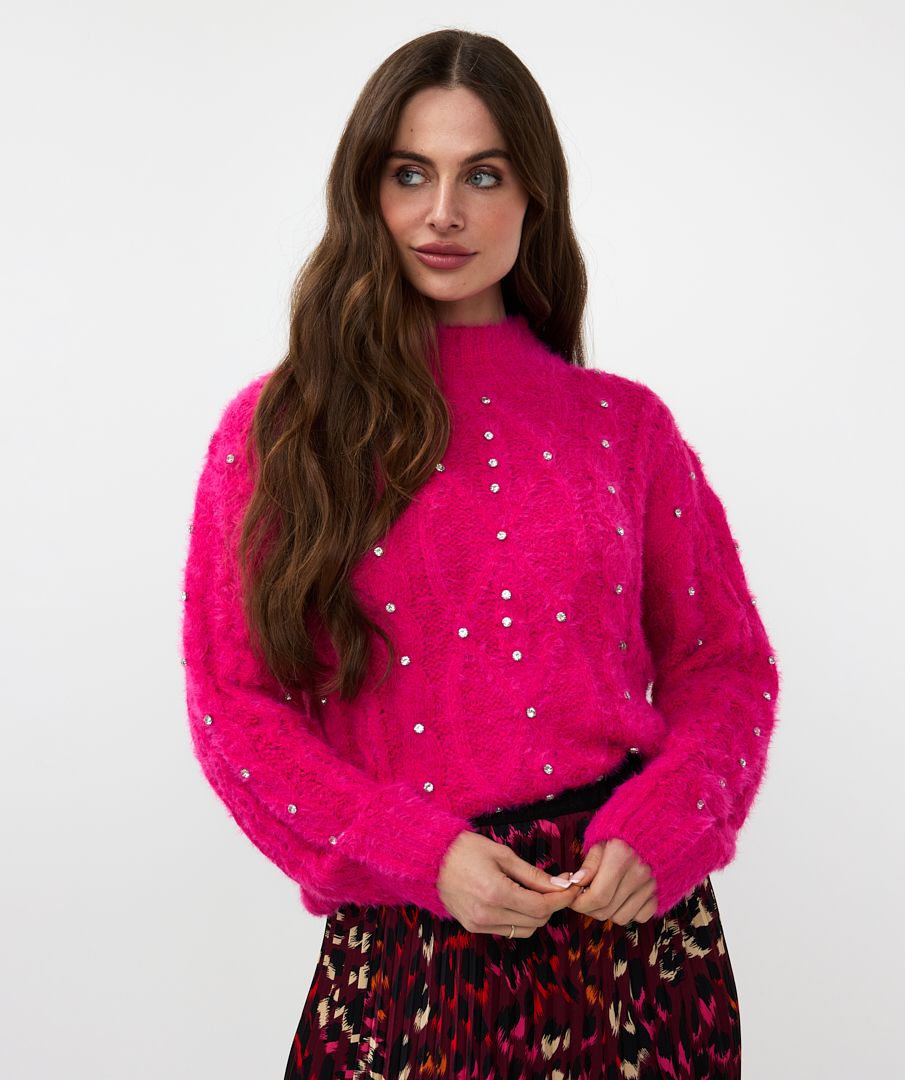 Esqualo Cable Sweater with Rhinestones Cerise Pink