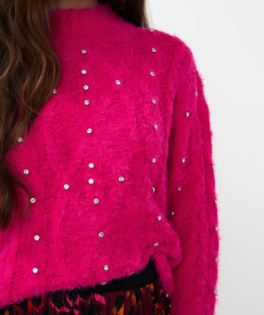 Esqualo Cable Sweater with Rhinestones Cerise Pink