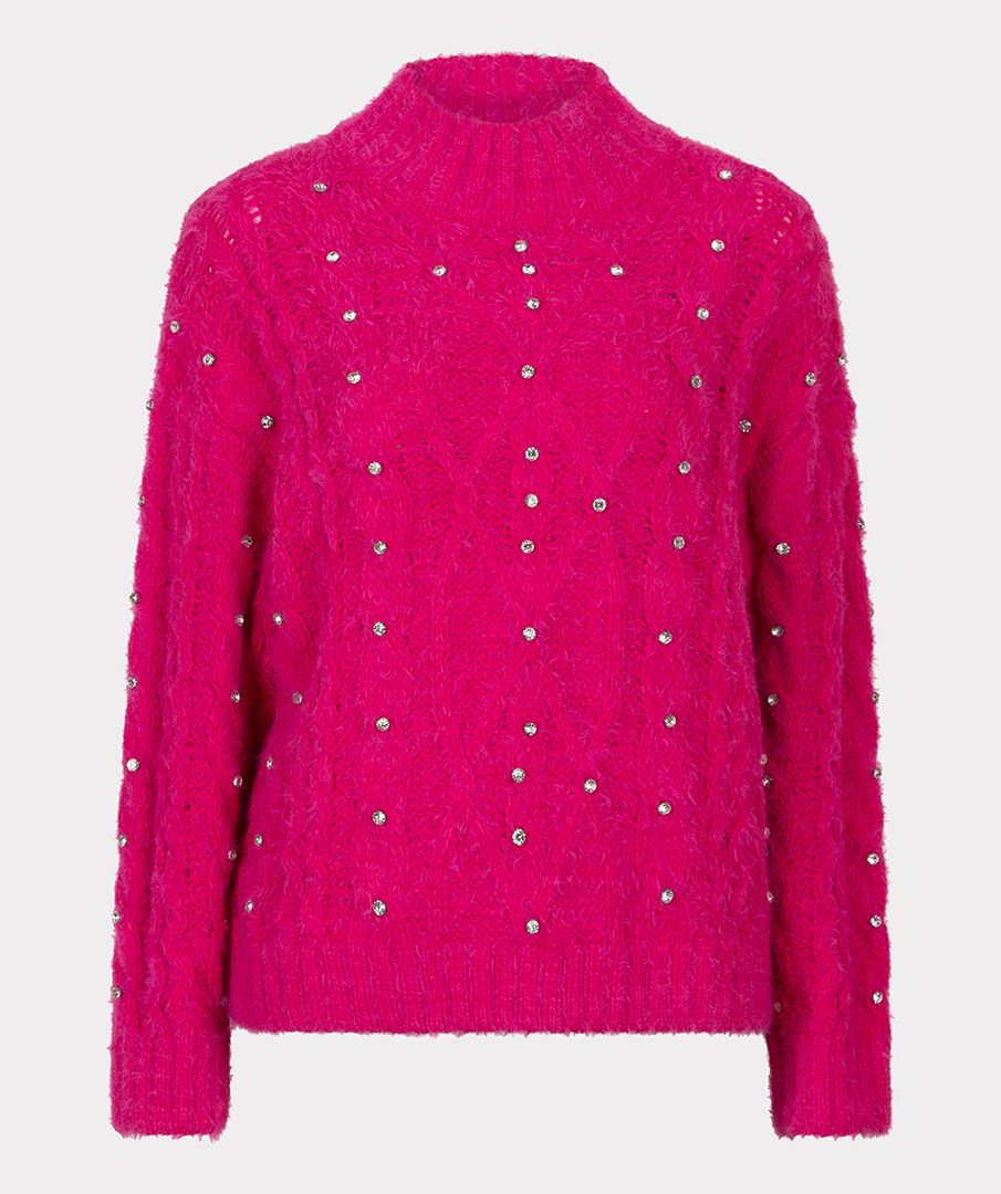 Esqualo Cable Sweater with Rhinestones Cerise Pink