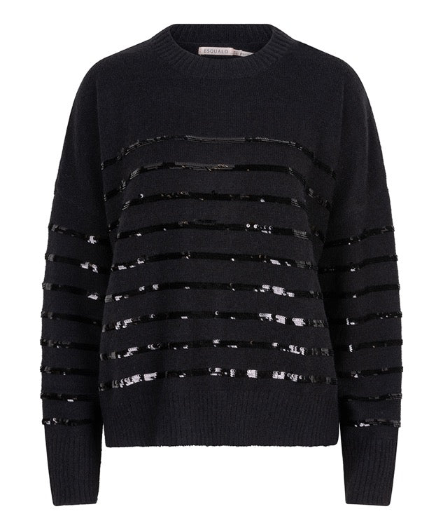 EsQualo Cardigan Striped Sequin Sweater Black