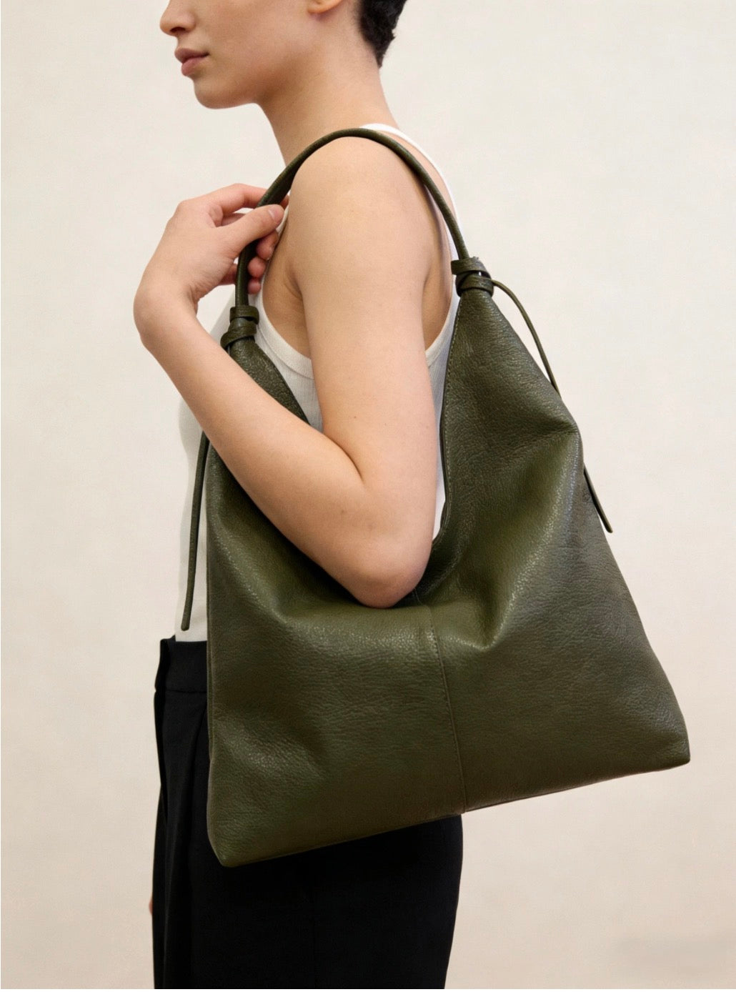 Hammered Italian Leather Hobo Bag Ecru