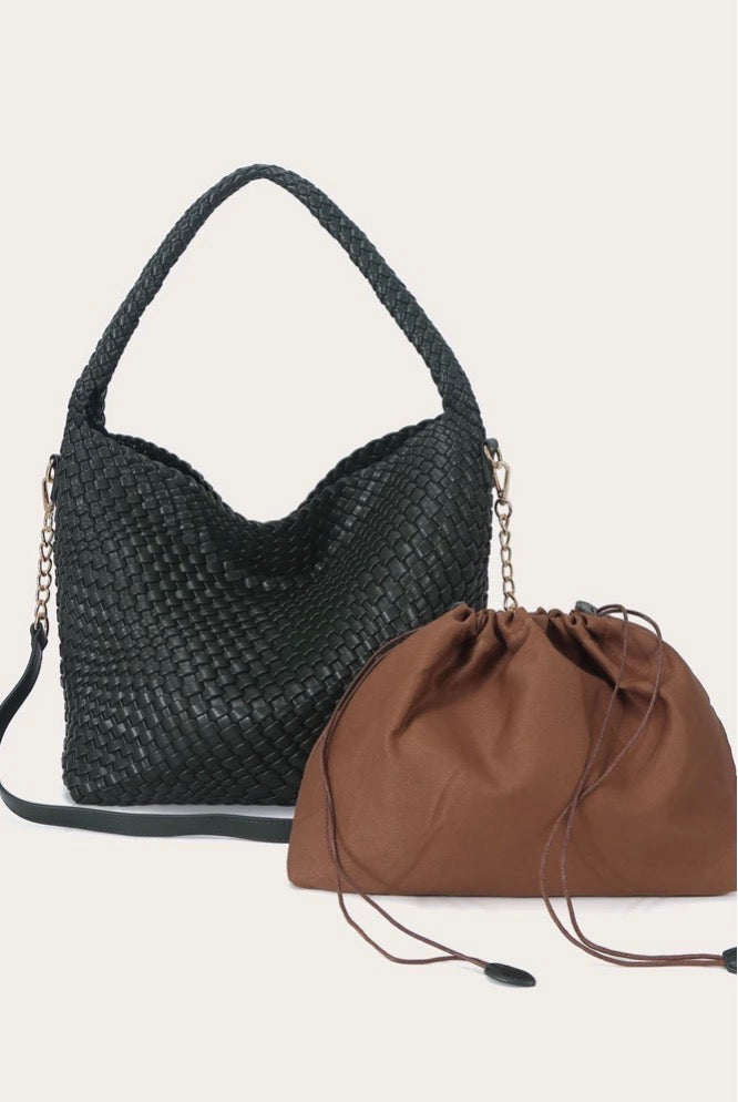 Braided Synthetic Shoulder Bag Dark Khaki