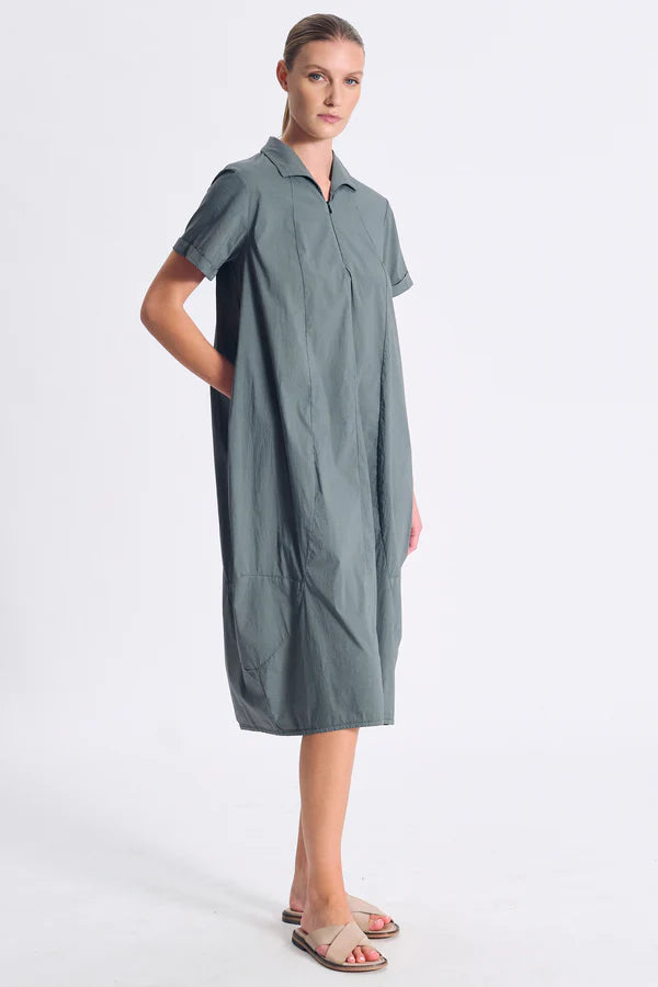 TRANSIT Stretch Poplin Bombeè Shape Dress Green