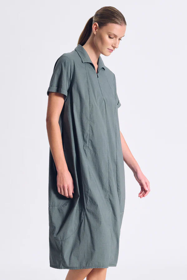 TRANSIT Stretch Poplin Bombeè Shape Dress Green