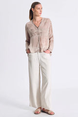 TRANSIT Oversized V-Neck Shirt Printed Viscose Georgette Sand