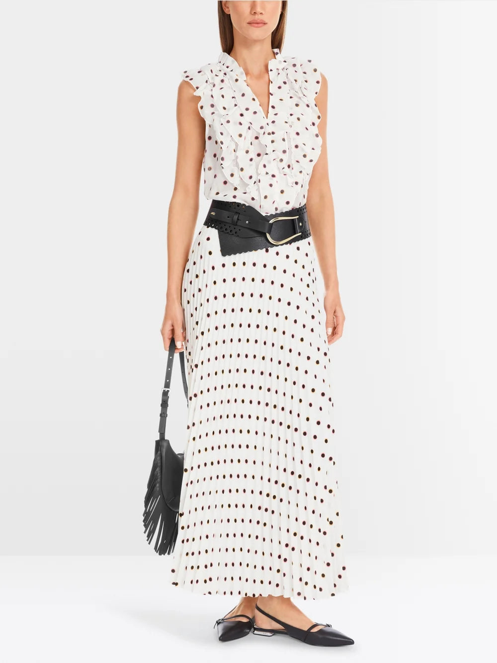 Marc Cain Maxi Pleated Skirt with Polka Dot Print Off White