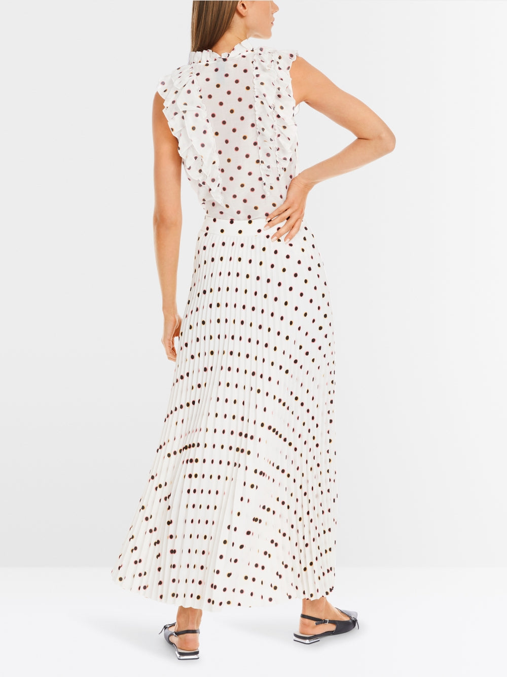 Marc Cain Maxi Pleated Skirt with Polka Dot Print Off White