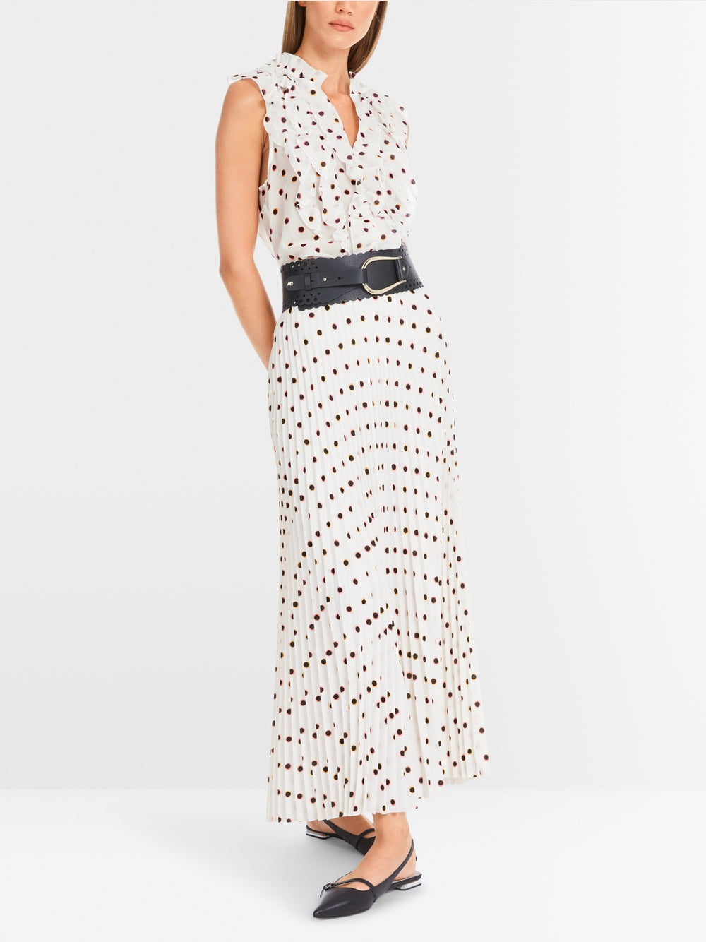 Marc Cain Maxi Pleated Skirt with Polka Dot Print Off White