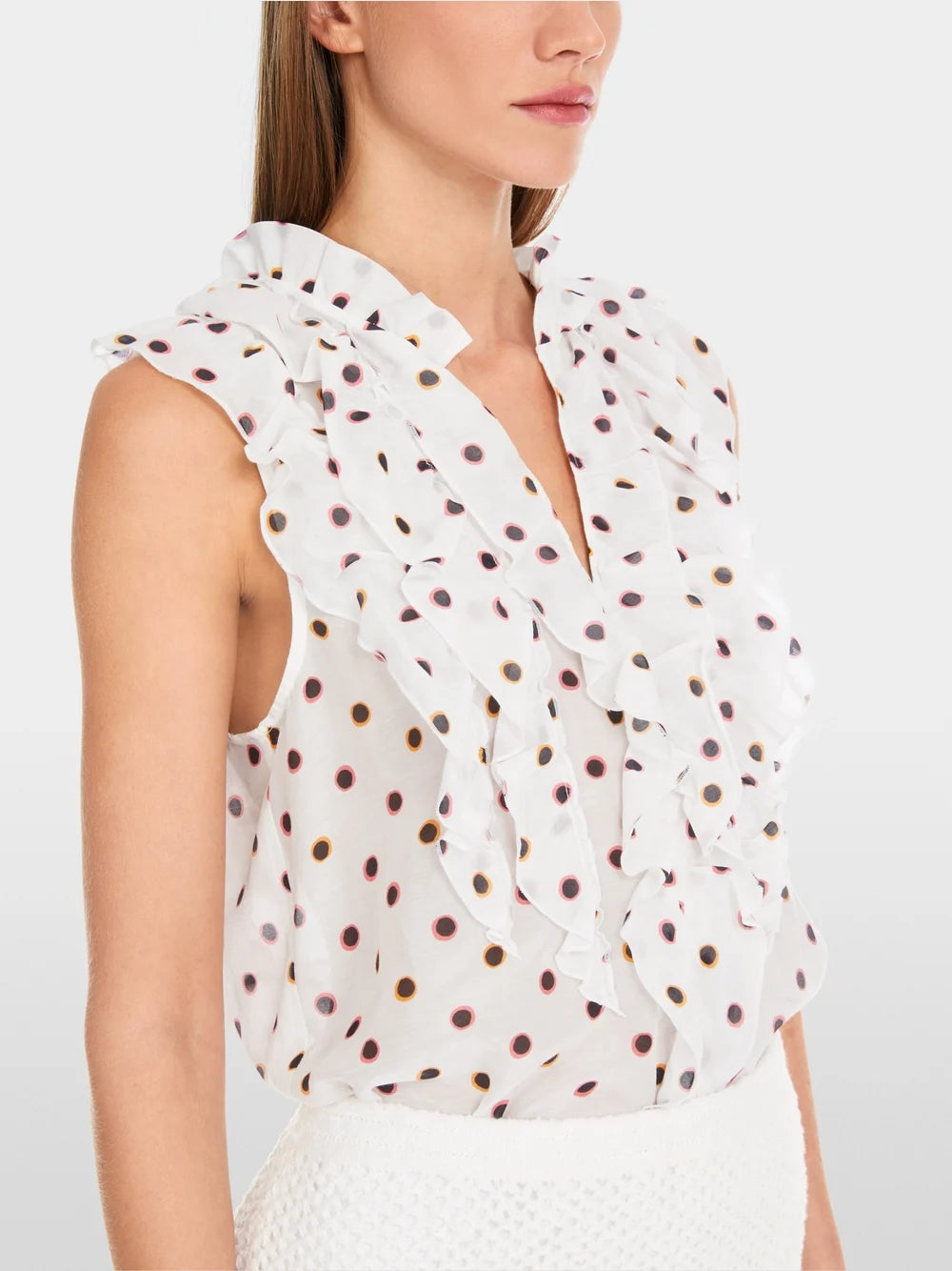 Marc Cain Ruffled Blouse with Polka Dots Off White