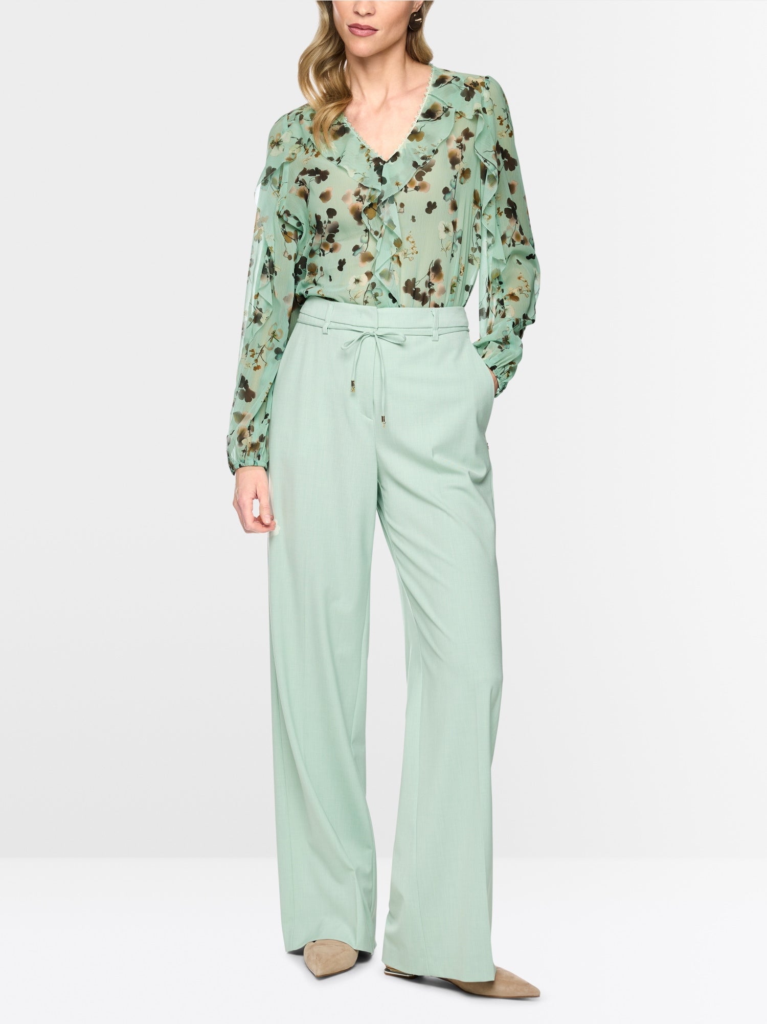 Marc Cain Collections Floral Blouse with Flounces Silt Green BC51.08W54