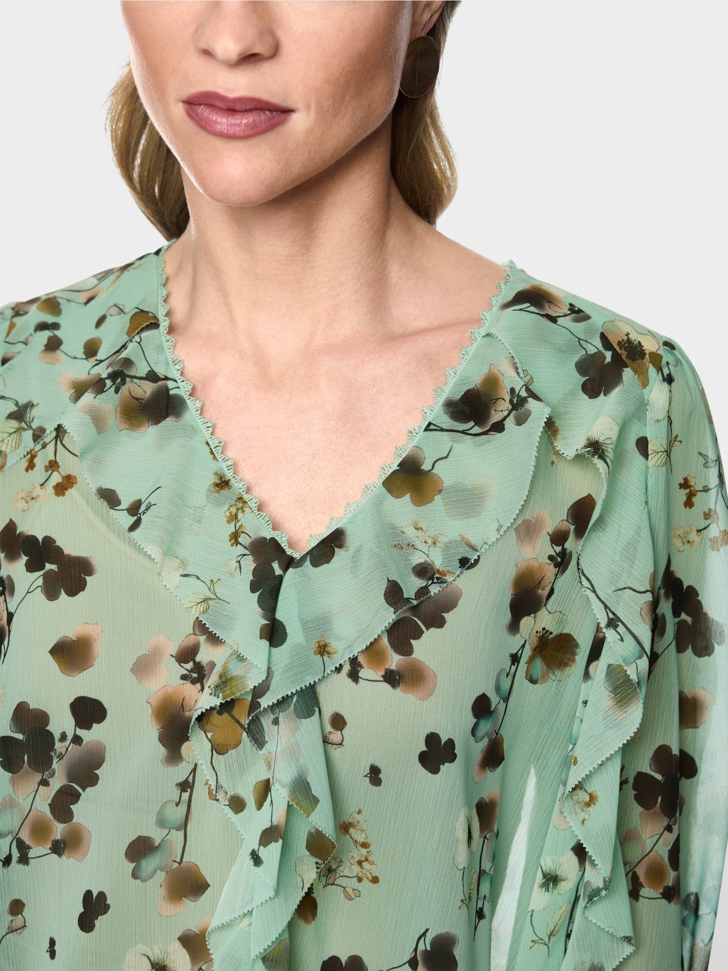 Marc Cain Collections Floral Blouse with Flounces Silt Green BC51.08W54