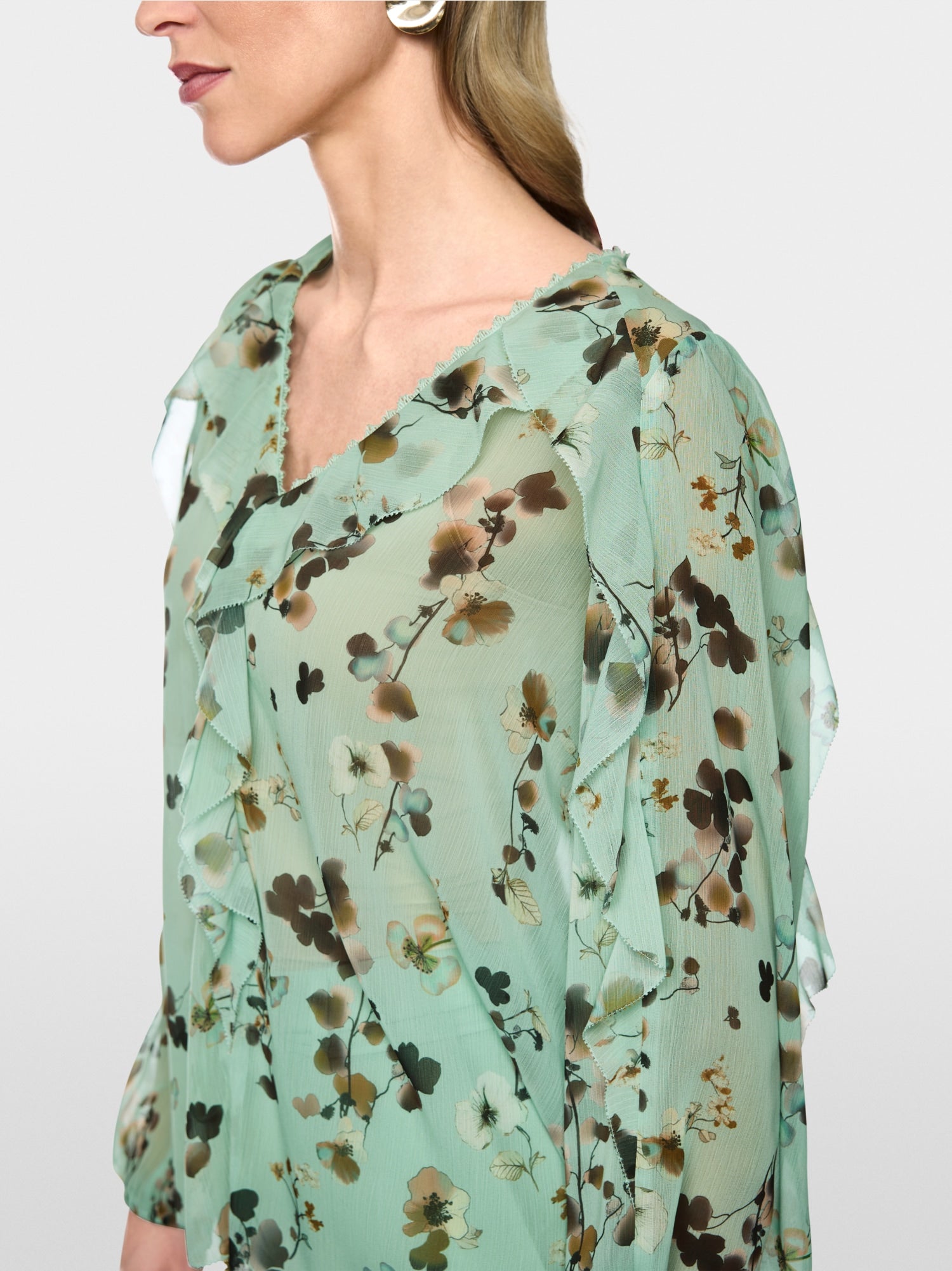 Marc Cain Collections Floral Blouse with Flounces Silt Green BC51.08W54