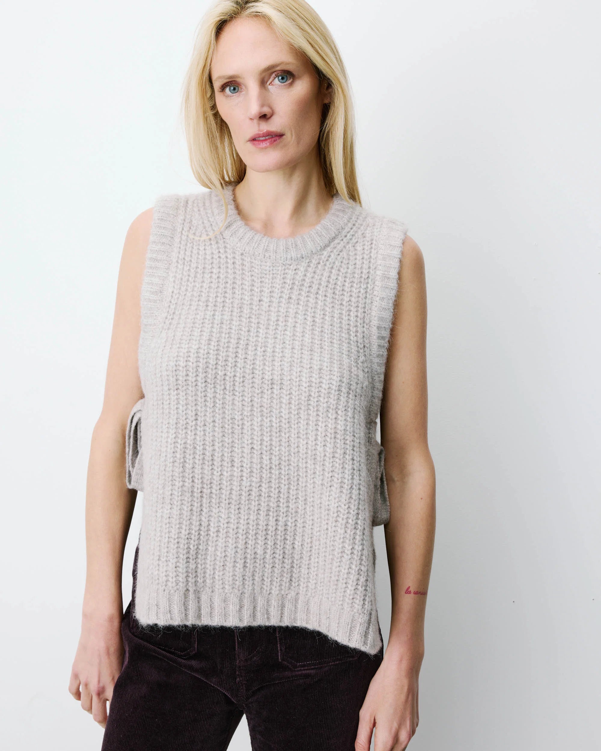 GRACE & MILA Sleeveless Side Tie Sweater Argan Greige