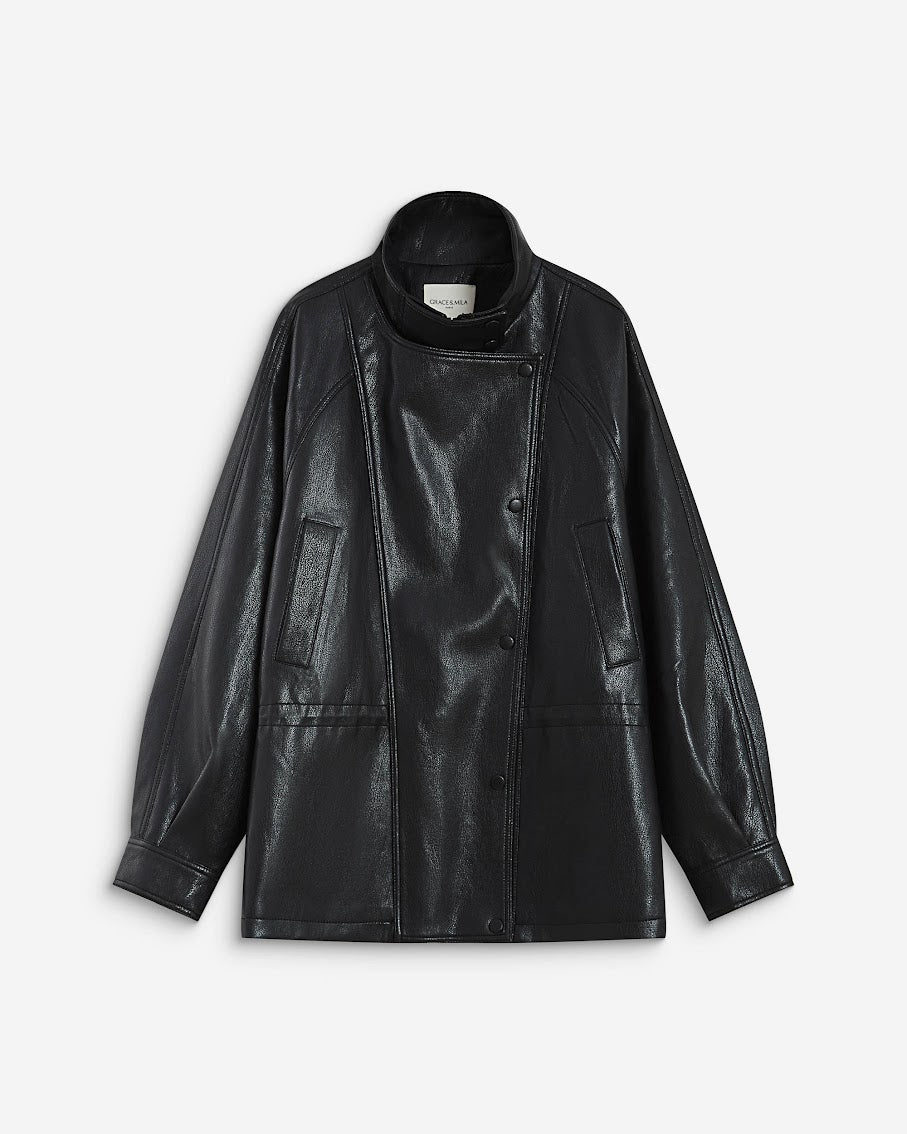 GRACE & MILA Auburn Oversized Leather Jacket Black