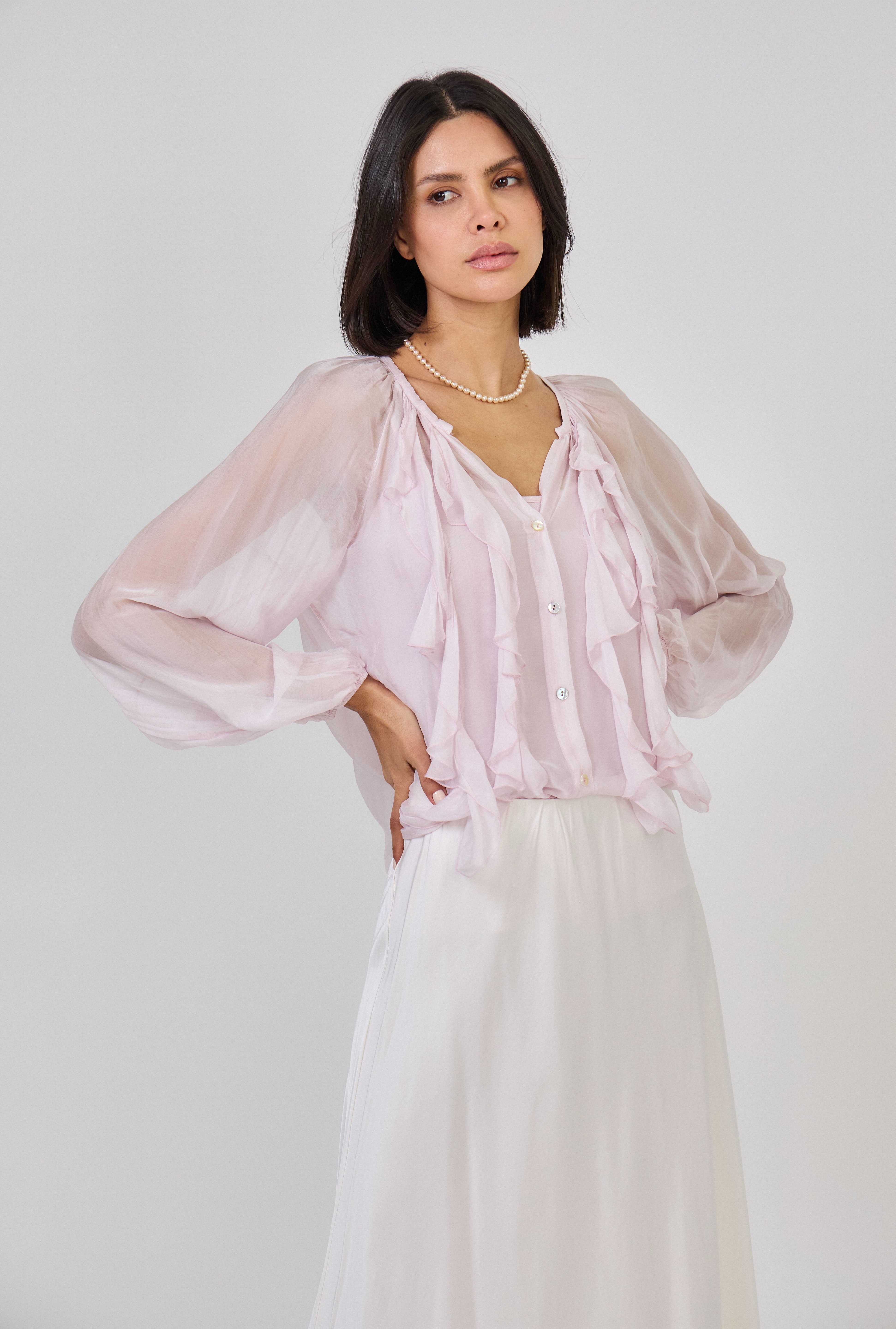 Molly Frill Silk Blouse Soft Pink