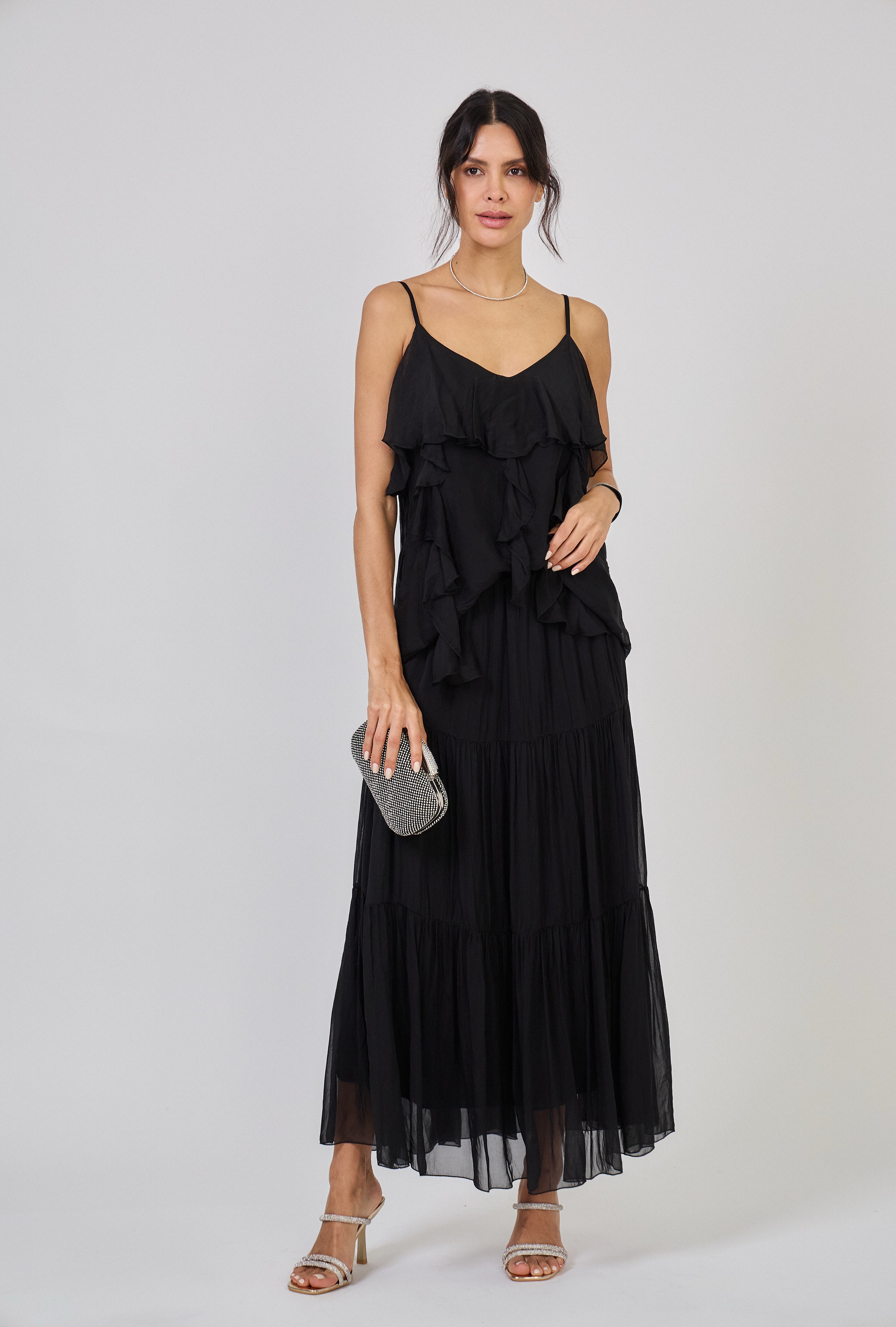 Maisy Frill Silk Top Black
