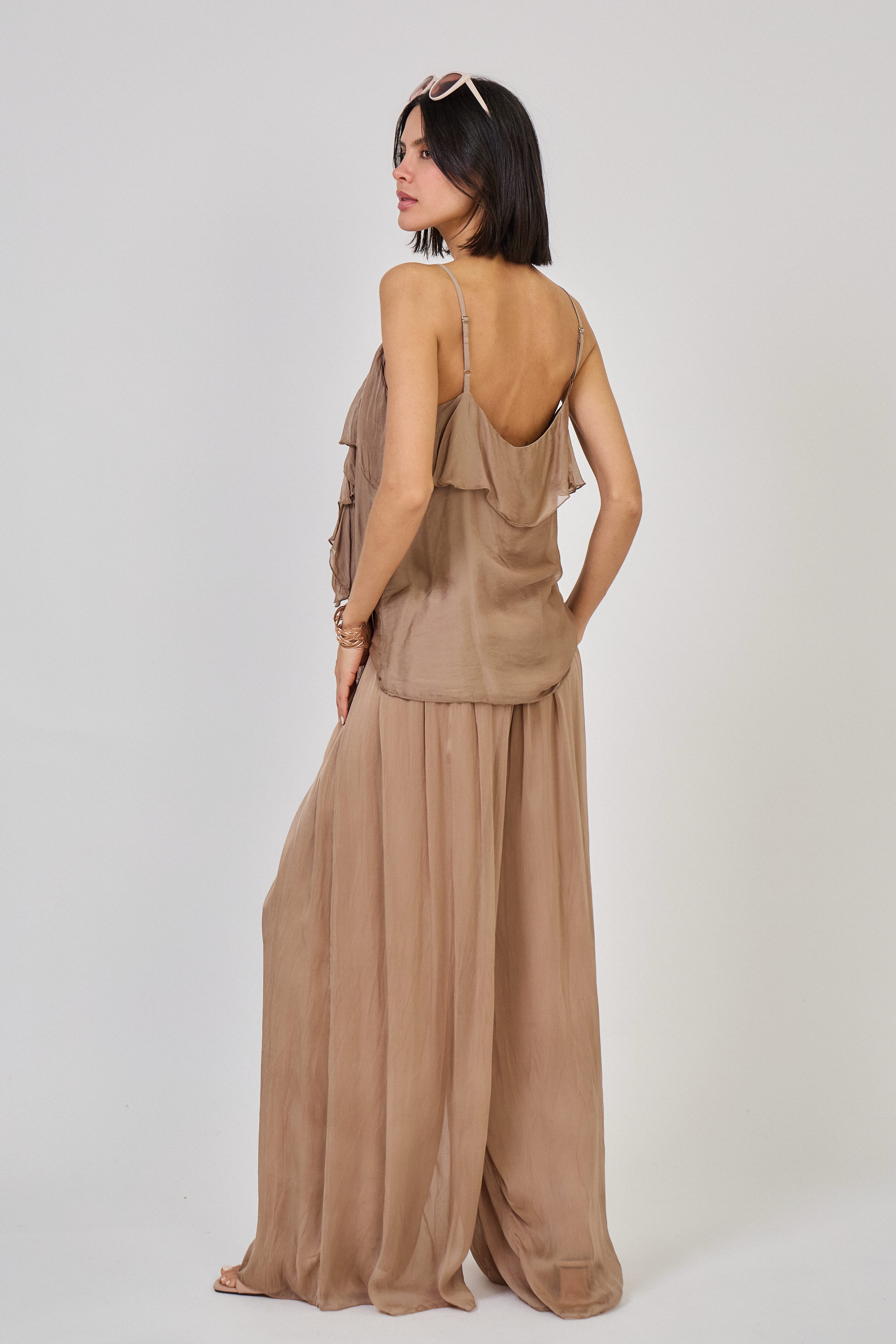 Maisy Frill Silk Top Taupe