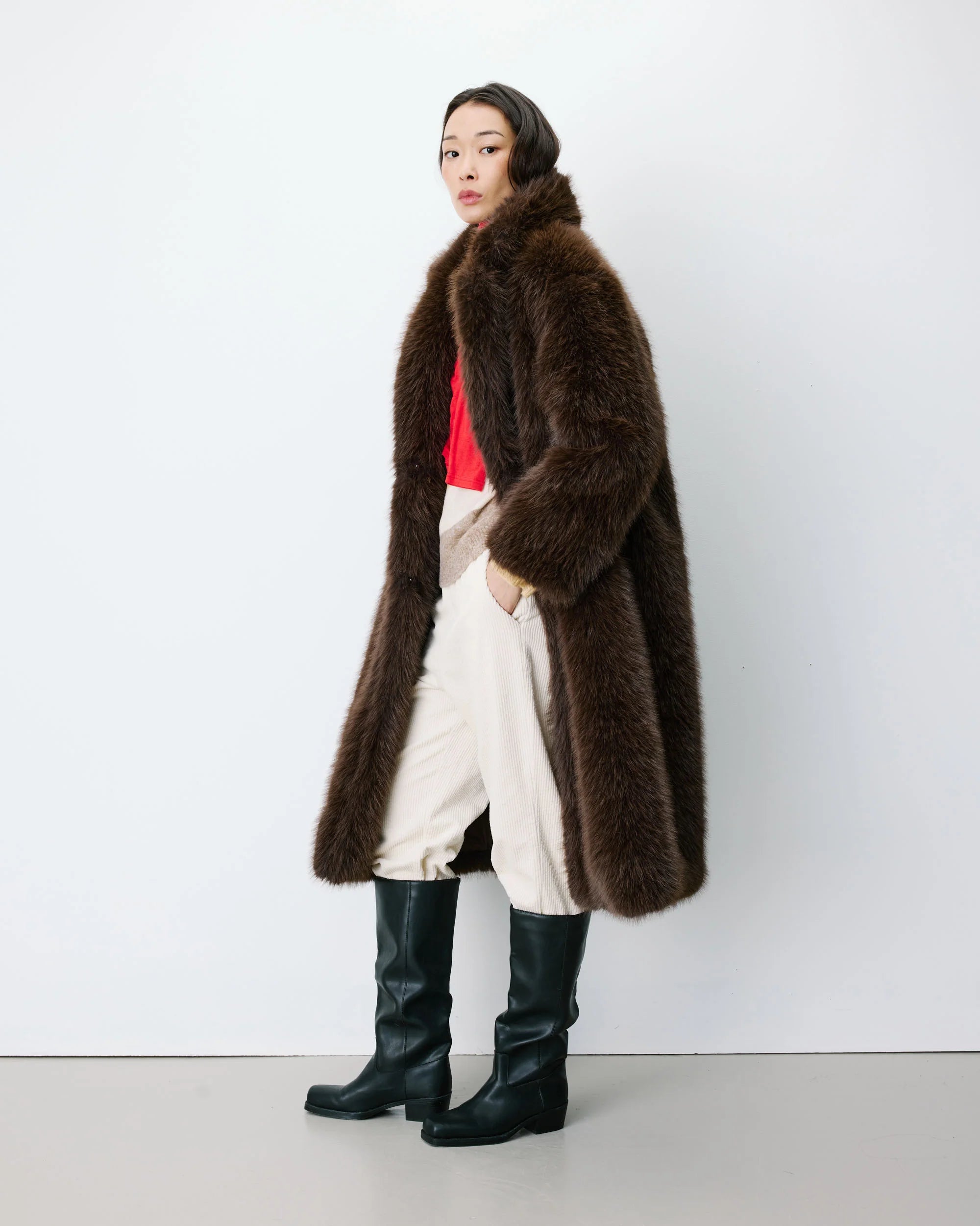 Grace & Mila Long Faux Fur Oversized Coat Chocolate