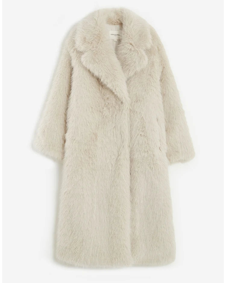 Grace & Mila Long Faux Fur Oversized Coat Greige