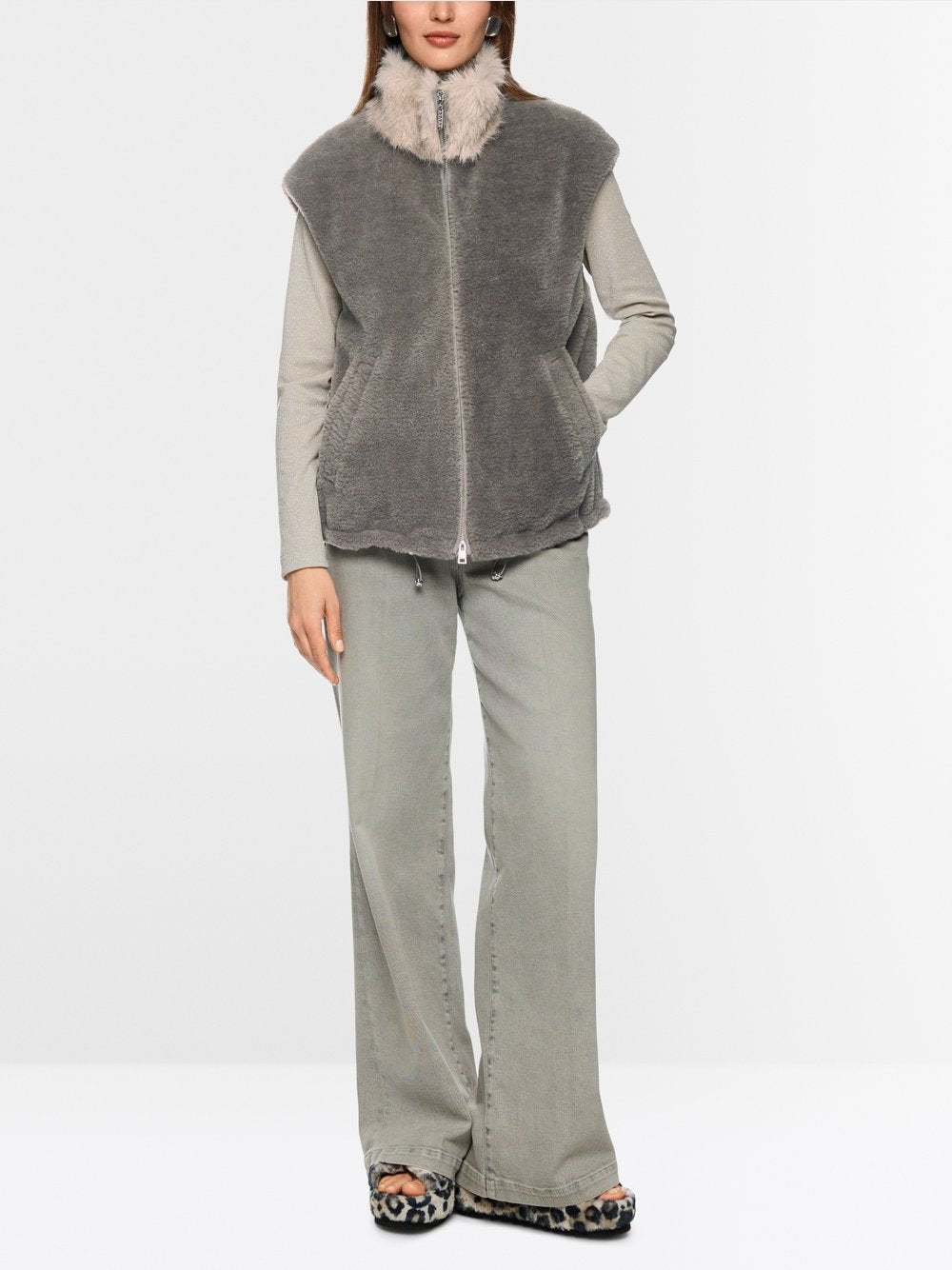 Marc Cain Collections Cosy Waistcoat with Faux Fur Collar ZC37.01W63 Soft Charcoal
