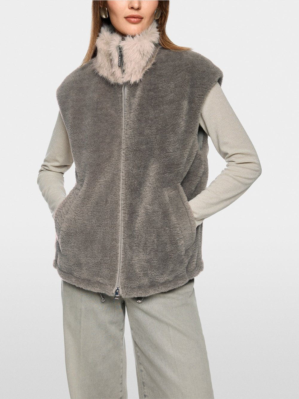 Marc Cain Collections Cosy Waistcoat with Faux Fur Collar ZC37.01W63 Soft Charcoal