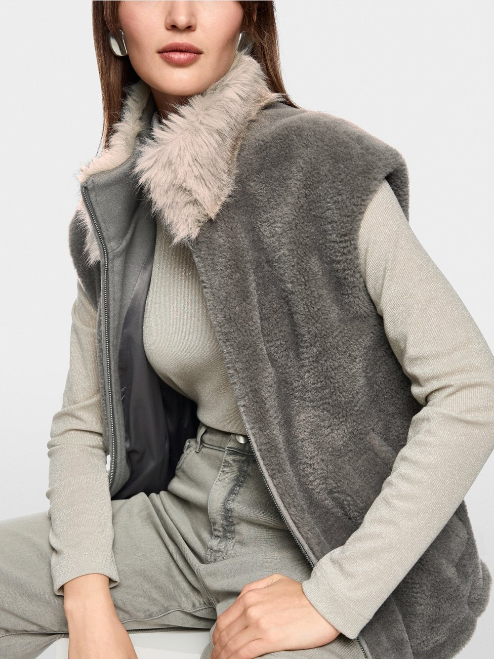 Marc Cain Collections Cosy Waistcoat with Faux Fur Collar ZC37.01W63 Soft Charcoal