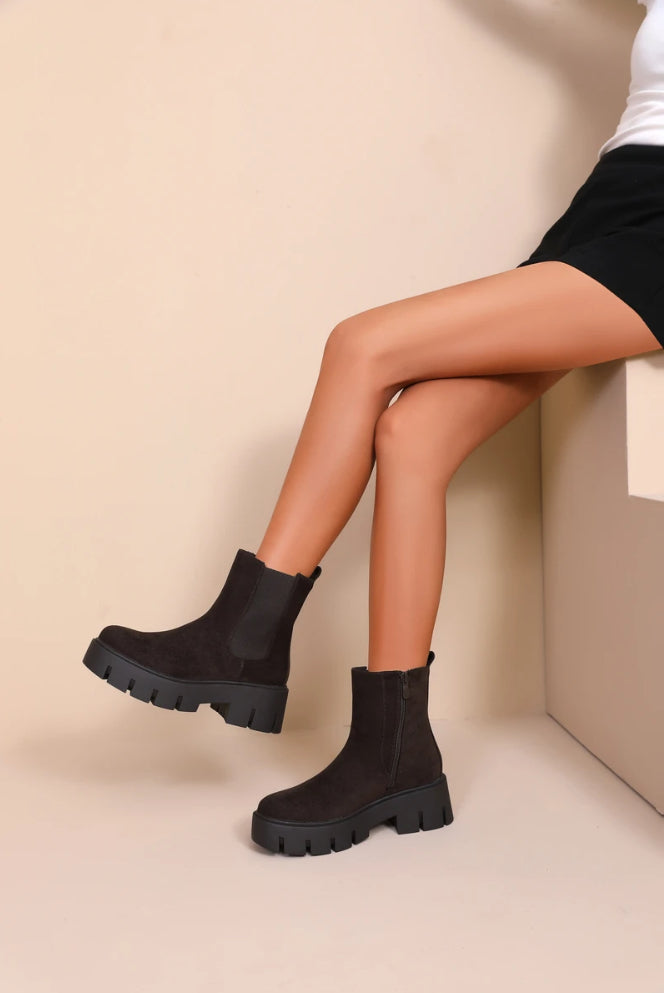 Jenny Chunky Sole Boots Faux Suede Bitter Chocolate