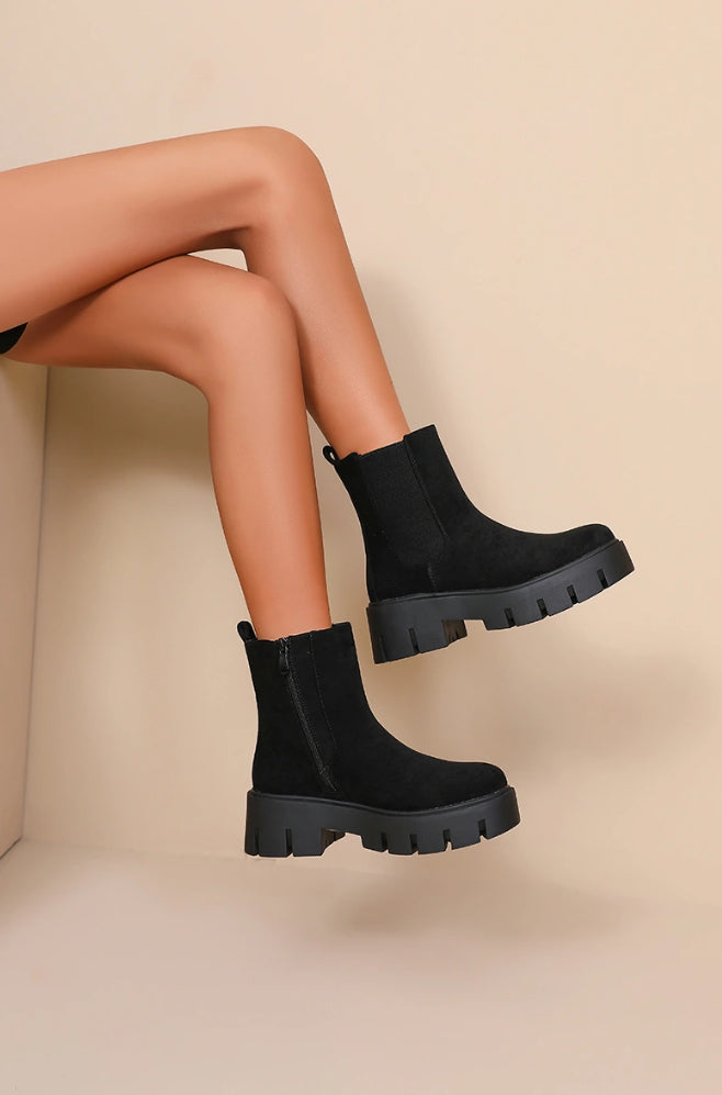Jenny Chunky Sole Boots Faux Suede Black
